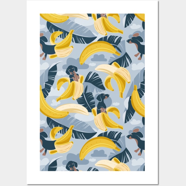 Surrealistic tropical Dachshund bananas // pattern // pastel blue background navy blue dogs and banana fruit leaves Wall Art by SelmaCardoso